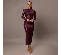 Abito da donna semplice ed elegante, aderente e sexy, di colore unito, super elastico in PU, con grande scollo a V, senza maniche, romantico, adatto per l'autunno e l'inverno, da indossare come intimo