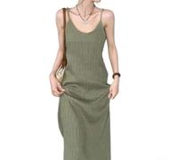 Abito da donna senza maniche, ampio, con bretelle, linea ad A, pieghettato, gonna lunga da spiaggia, lunghezza alla caviglia, tinta unita, per vacanze, feste, stile coreano, alla moda (M verde)