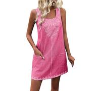 Abito da donna senza maniche, casual, in denim, girocollo, ampio, con tasche, abiti da donna sotto il ginocchio, Rosa acceso, S