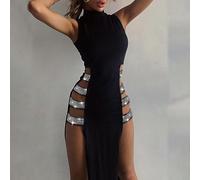 Abito da donna, senza maniche, con colletto rialzato, aderente, lucido, con spacco laterale e ritaglio cavo, collo alto, elegante, nero, lungo, per serate, feste, discoteca, colore nero