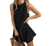 Abito da donna senza maniche con scollo a V smerlato 2025 abiti estivi con cerniera posteriore in lino casual da spiaggia prendisole, Nero , XL