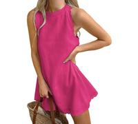 Abito da donna senza maniche con scollo a V smerlato 2025 abiti estivi con cerniera posteriore in lino casual da spiaggia prendisole, Rosso rosato, XL