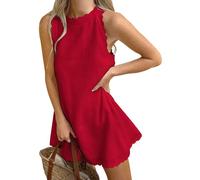 Abito da donna senza maniche con scollo a V smerlato 2025 abiti estivi con cerniera posteriore in lino casual da spiaggia prendisole, Rosso, L