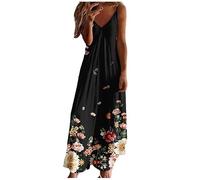 Abito da donna senza maniche con spalline sottili e scollo a V, da spiaggia, hawaiano, maxi abito lungo estivo e autunnale 2024, U-88 Nero, XL