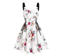 Abito da donna, senza maniche, con stampa floreale, in poliestere, per abbigliamento estivo/abito da sera; con dettagli di design tra cui abito stampato con scollo quadrato da festa monopezzo, Rosso