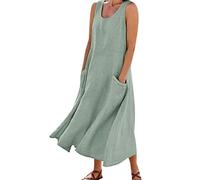 Abito da donna senza maniche, in cotone e lino, estivo, casual, lungo, maxi outfit con comode tasche laterali