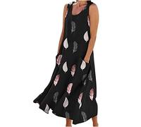 Abito da donna senza maniche, in cotone e lino, vintage, tinta unita, estivo, a righe, con scollo rotondo, maxi abito da donna, linea ad A, taglie forti, per il tempo libero, con tasche