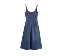Abito da donna senza maniche in denim semplice girocollo casual slim fit abito a metà polpaccio, Blu, M