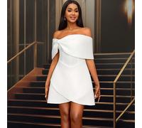 Abito da donna sexy con spalle scoperte e fiocco, linea A, corto e asimmetrico, adatto per addio al nubilato, matrimonio, festa, Abito bianco per festa, outfit per appuntamento, festa, matrimonio, dam