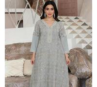 Abito da donna stile arabo tradizionale elegante ricamato per il Ramadan 2026, maniche 3/4, scollo a V piccolo, moda e creativo L,M,XL,XXLPiante,BaroccoTessuto intrecciato