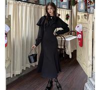 Abito da donna stile Lolita in stile gotico da sirena per feste di Ognissanti/Natale, elegante e chic, con inserti in pizzo, fiocco e motivo di Nightmare Before Christmas, adatto per l'autunno e l'inv