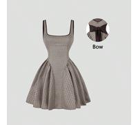 Abito da donna stile spaghetti con schiena scoperta, vita stretta, fiocco in stile vintage francese, motivo check e cinturini a contrasto, leggero stile ballerina L,M,S,XSVichy,quadri,Motivo struttura