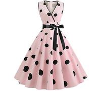 Abito da donna, stile vintage anni '50, a pois, con spalline sottili, stile rétro e svasato, Audrey Hepburn, anni '50 e '60, rosa, S