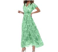 Abito da donna Swing, design lungo, in chiffon, con stampa floreale, a maniche corte, con volant, scollo a V, sciancrato, estivo, alla moda, verde, XXL