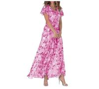 Abito da donna swing, lungo, in chiffon, motivo floreale, a maniche corte, con volant, con scollo a V, alla moda, elegante, confortevole, rosa intenso, 3XL