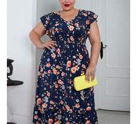 Abito da donna taglie forti blu navy con stampa floreale, scollo a V e orlo con volant, stile boho estivo per tea festa, vacanze, Festa della Mamma, chiesa, outfit elegante da vacanza 0XL,1XL,2XL,3XL,