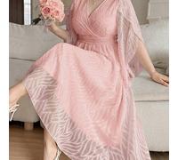 Abito da donna taglie forti con scollo a V, maniche a campana con volant, maniche corte, pieghettato, linea ad A, in tessuto jacquard, elegante, vintage, carino, casual da vacanza 0XL,1XL,2XL,3XL,4XLC