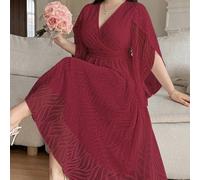 Abito da donna taglie forti con scollo a V, maniche a campana con volant, maniche corte, plissettato, linea ad A, in tessuto jacquard, elegante, vintage, carino, casual da vacanza 0XL,1XL,2XL,3XL,4XLC