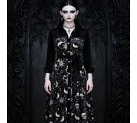 Abito da donna taglie forti, con stampa gotica di sole, luna e stelle, con colletto alla coreana, bottoni completi, vita annodabile, in velluto, adatto per Ognissanti, Festa dei Fantasmi, autunno e in