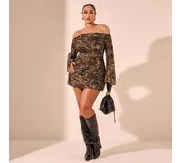 Abito da donna taglie forti con stampa leopardo e tigre, scollo a spalle scoperte e maniche a campana, adatto per gli anni '20 ruggenti, tea festa, San Valentino, ufficio, festa di Capodanno, club sex