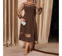 Abito da donna taglie forti in rete patchwork, collo rotondo, maniche lunghe trasparenti, marrone a pois, elegante, invernale, marrone caffè, toni della terra 0XL,1XL,2XL,3XL,4XLColore unicoTessuto in