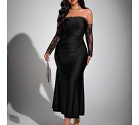 Abito da donna taglie forti sexy in rete e patchwork, senza spalline, con fibbia metallica, elastico ed elegante per feste, compleanni, matrimoni 0XL,1XL,2XL,3XL,4XL,5XLColore unicoTessuto