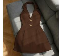 Abito da donna taglie forti stile francese casual elegante con scollo a V e senza maniche 0XL,1XL,2XL,3XL,4XLColore unicoTessuto in maglia
