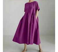 Abito da donna taglie forti viola, elegante e casual, lungo per primavera estate autunno inverno, maniche corte, tasche, collo rotondo, plissettato, in misto lino, gonna ampia 1XL,2XL,3XL,4XLColore un
