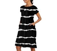Abito da donna UK con scollo rotondo, casual e confortevole, in cotone, a maniche corte, abito da spiaggia con tasche, Nero , M