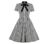 Abito da donna vintage a righe, stile anni '50, stile rockabilly, con laccetto, maniche corte, abbottonatura, linea ad A, per feste, serate, balli e balli, Nero , M