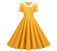 Abito da donna vintage anni '50, stile rockabilly, con scollo a V, a maniche corte, svasato, Giallo, M