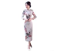 Abito da donna vintage cinese a maniche lunghe Qipao Cheongsam con elegante stampa pavone retrò moda abito da festa per primavera estate abbigliamento casual nero S-3XL (3XL bianco)