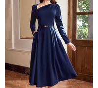 Abito da donna vintage classico ed elegante, abito a maniche lunghe con colletto obliquo aderente, blu navy L,M,S,XL,XS,XXL,XXS,XXXL,XXXXLColore unicoTessuto in maglia