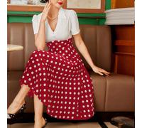 Abito da donna vintage ed elegante, stampa a pois, collo a V, manica corta, patchwork, abito a campana a tema ombrellone per vacanza L,M,S,XL,XS,XXL,XXS,XXXL,XXXXLBlocchi di colore,Geometrico,PoisTess