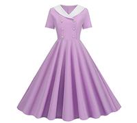 Abito da donna vintage per feste, anni '50, stile rockabilly, gonna a ruota, a-line, con scollo a V, bottoni e maniche corte, Viola, XXL