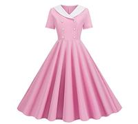 Abito da Donna Vintage per Feste, Anni 50 Stile Rockabilly, Gonna a Ruota Skater, Abito a Linea A con Scollo a V, Manica Corta con Bottoni, rosa, S