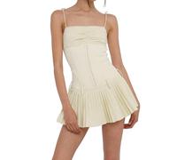 Abito da Donna Y2k con Corsetto e Bustier, Senza ma, con Lacci, a Trapezio, con Spalline Sottili, Corto, Plissettato, per Feste e Club-Bianco-Crema-S