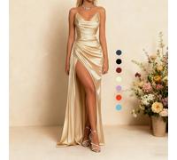 Abito da festa con scollo a V, cintura e spacco alto, colore champagne, elegante e affascinante abito estivo adatto per San Valentino, appuntamenti, raduni, feste, viaggi, vacanze, spiaggia e altro an