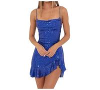 Abito da festa da donna con spalline in pizzo glitterato, scollatura sul retro, con bordo a foglia, senza maniche, Blu, M