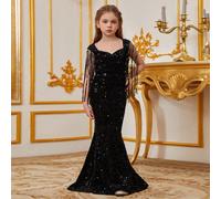 Abito da festa di lusso a sirena con paillettes per ragazze, design con maniche a frange, scollo a cuore - lunghezza fino al pavimento, silhouette aderente, adatto per occasioni speciali 8Y,9Y,10Y,11Y