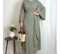 Abito da festa elegante e formale da donna taglie forti con scollo rotondo, arricciature e maniche a campana 0XL,1XL,2XL,3XL,4XL,5XLColore unicoTessuto intrecciato