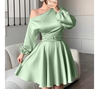 Abito da festa mini in raso con scollo asimmetrico elegante e sexy, maniche a sbuffo, volant sull'orlo, arricciatura in vita, design romantico per cerimonie autunnali/invernali, nuovo per donne L,M,S,