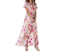 Abito da festa swing, abito lungo in chiffon, motivo floreale, a maniche corte, volant, scollo a V, alla moda, abito fluente, abito da donna elegante, Colore: rosa., M