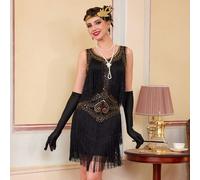 Abito da flapper senza maniche stile anni '20, scollo a V, abiti stile Great Gatsby, con frange e paillettes, abito anni '20 da cocktail L,M,S,XL,XXLBlocchi di colore,stampa dappertuttoPoliestere