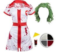 Abito da infermiera sanguinante da uomo, taglia S, colore: bianco e rosso, cappello da allattamento, parrucca verde, pittura per il viso e sangue finto, costume per adulti per film TV per Halloween