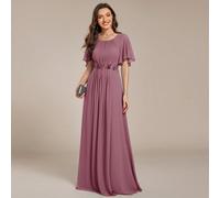Abito da invitata da matrimonio romantico rosa antico con scollo rotondo, maniche a volant, applicazioni floreali in vita e gonna lunga in chiffon fluido a trapezio per matrimoni in giardino L,M,S,XL,