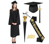 Abito da Laureato Set 2025, Toga Laurea Cappello con Nappa anno d'oro 2025 Laureato Costume Rosa d'oro per Scuole Superiori College Università (Nera, XXL)