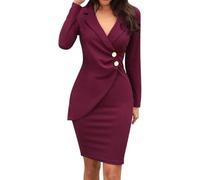 Abito da lavoro da donna a tinta unita con collo a rovescio, maniche lunghe, bottoni, elegante, aderente, aderente, da ufficio, per autunno, feste aziendali, abbigliamento da sera, vino, M