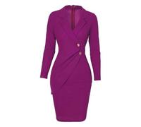 Abito da lavoro da donna a tinta unita con collo a rovescio, maniche lunghe, bottoni, elegante, aderente, aderente, da ufficio, per autunno, feste aziendali, abbigliamento da sera, Viola, XL