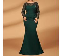 Abito da madre della sposa di taglia grande, elegante e romantico, con scollo a barca, maniche lunghe trasparenti, in tessuto maglia con applicazioni di perline, decorazione floreale in vita e orlo a 